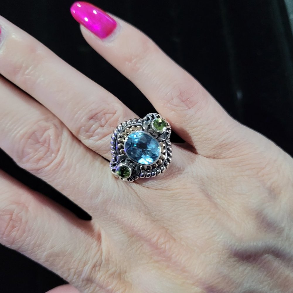 Bali Design 3.44 ctw Sky Blue Topaz & Peridot Ring